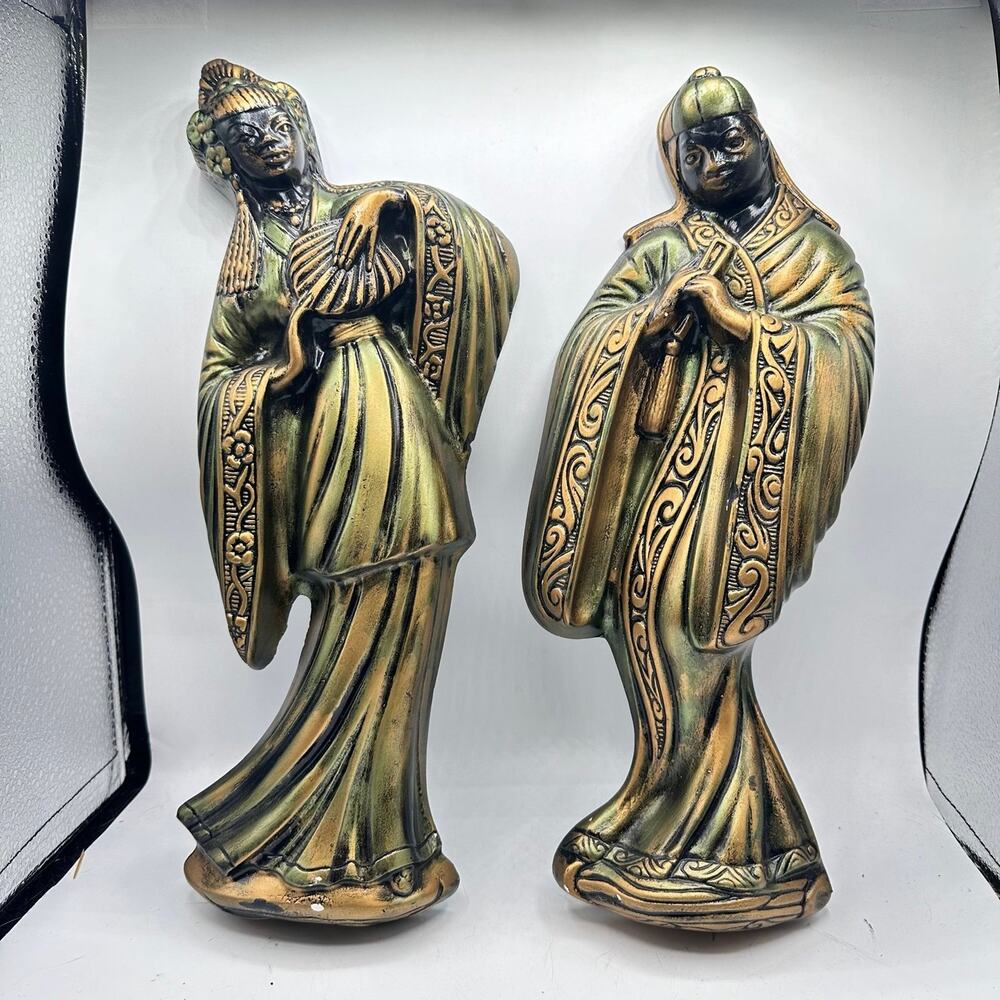 MCM RARE Vintage Chalkware Plaster Asian theme Man & Woman Wall hanging - Picture 4 of 9